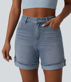 High Waisted Denim Casual Shorts 6'' with Pockets — Malibu Blue Denim — view 1