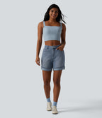 High Waisted Denim Casual Shorts 6'' with Pockets — Malibu Blue Denim — view 6