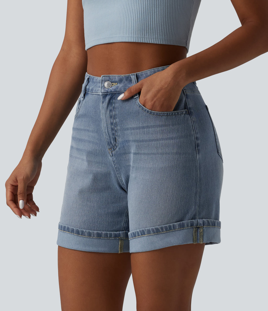 High Waisted Denim Casual Shorts 6'' with Pockets — Malibu Blue Denim — view 3