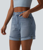 High Waisted Denim Casual Shorts 6'' with Pockets — Malibu Blue Denim — view 3