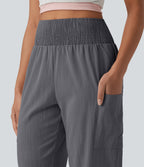 High Waisted Shirred Tapered Casual Linen-Feel Joggers with Pockets — Obsidian Weave — view 6