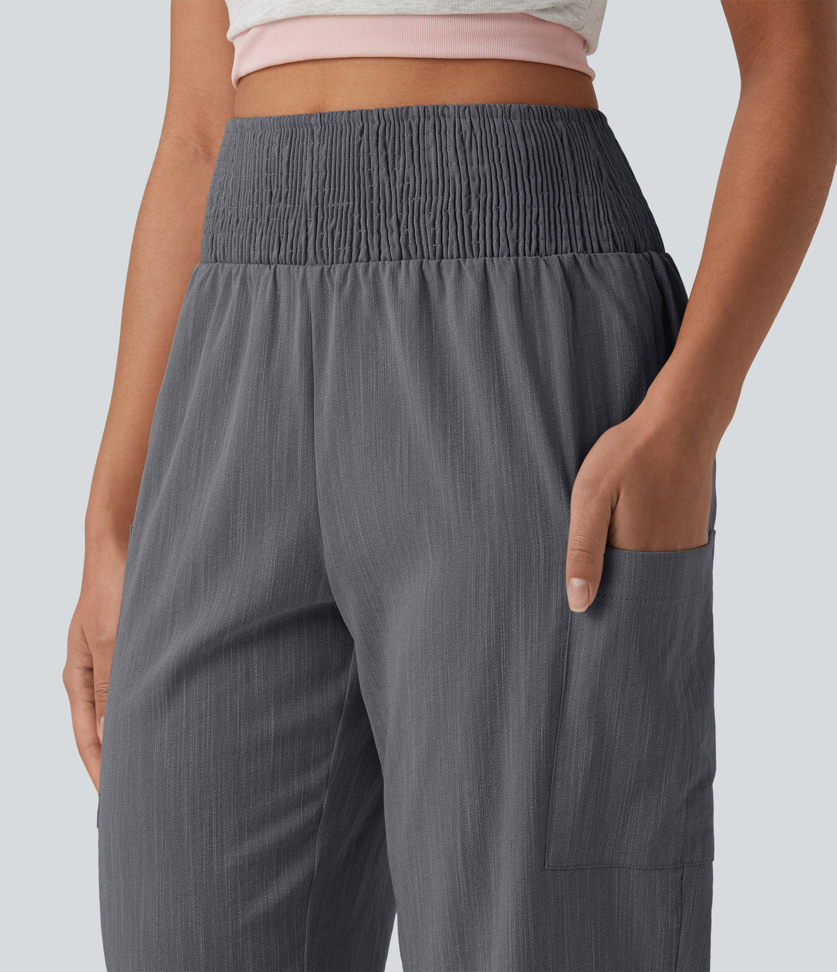 High Waisted Shirred Tapered Casual Linen-Feel Joggers with Pockets — Obsidian Weave — view 6