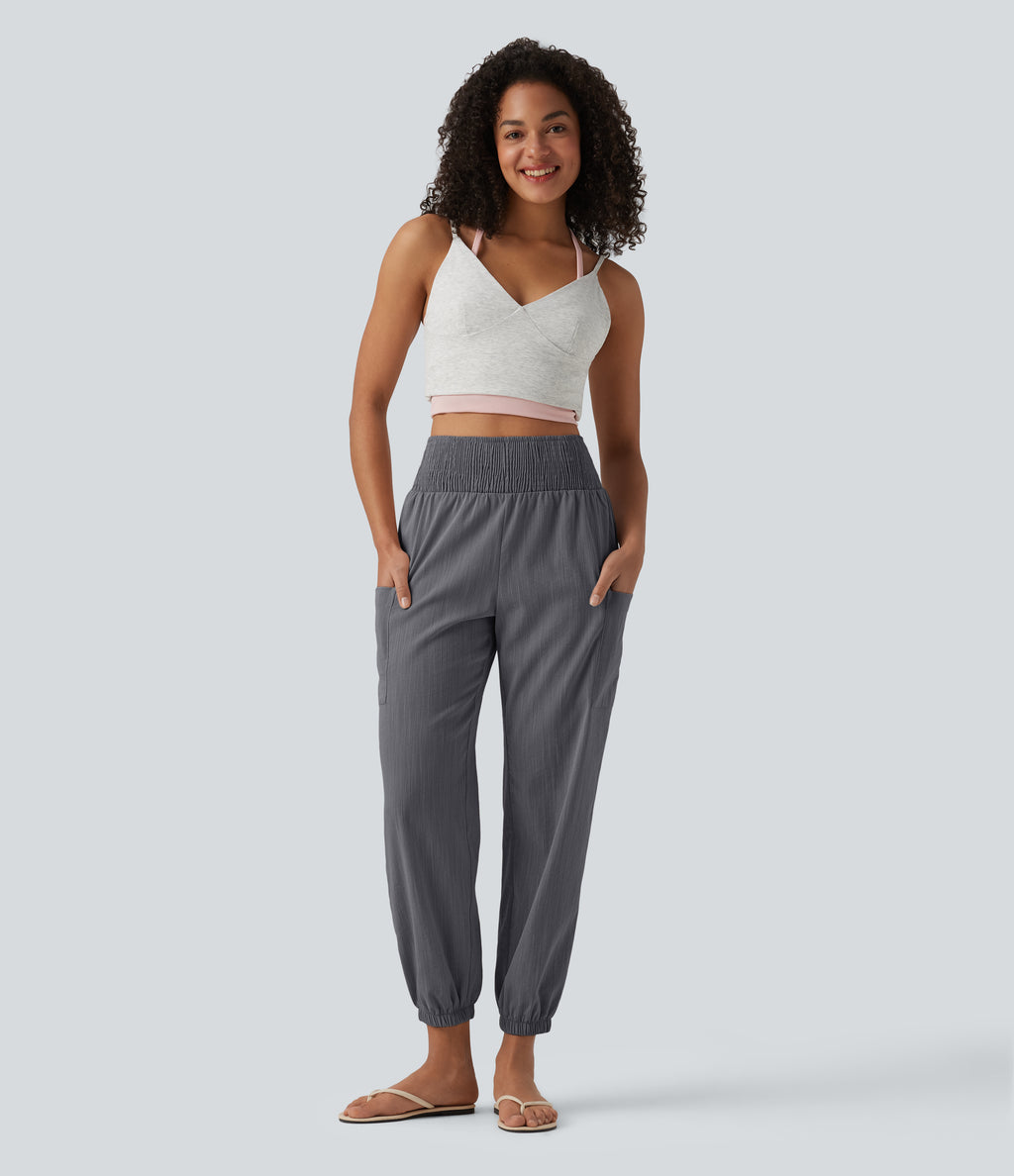High Waisted Shirred Tapered Casual Linen-Feel Joggers with Pockets — Obsidian Weave — view 7