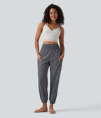 High Waisted Shirred Tapered Casual Linen-Feel Joggers with Pockets — Obsidian Weave — view 7