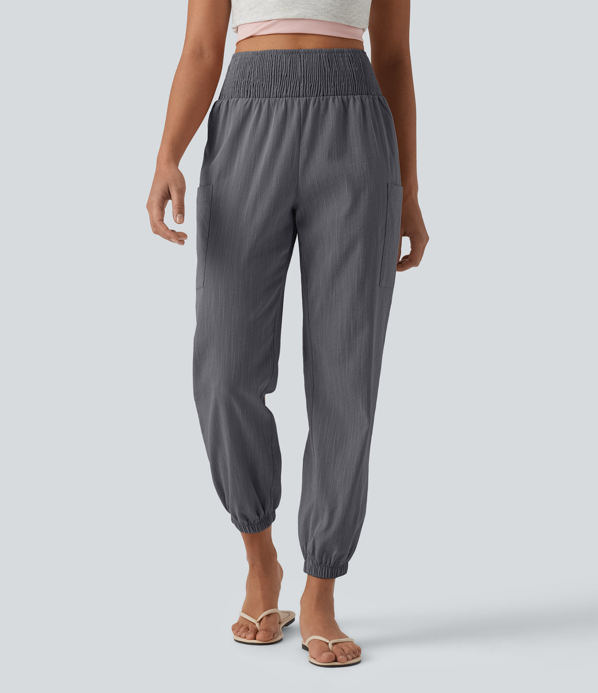 High Waisted Shirred Tapered Casual Linen-Feel Joggers with Pockets — Obsidian Weave — view 3