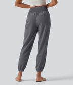 High Waisted Shirred Tapered Casual Linen-Feel Joggers with Pockets — Obsidian Weave — view 2
