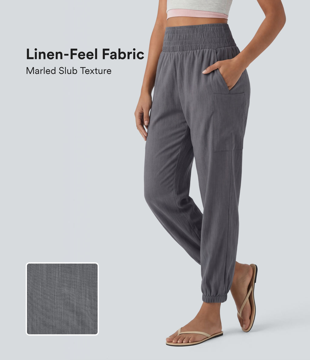 High Waisted Shirred Tapered Casual Linen-Feel Joggers with Pockets — Obsidian Weave — view 1