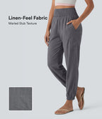 High Waisted Shirred Tapered Casual Linen-Feel Joggers with Pockets — Obsidian Weave — view 1