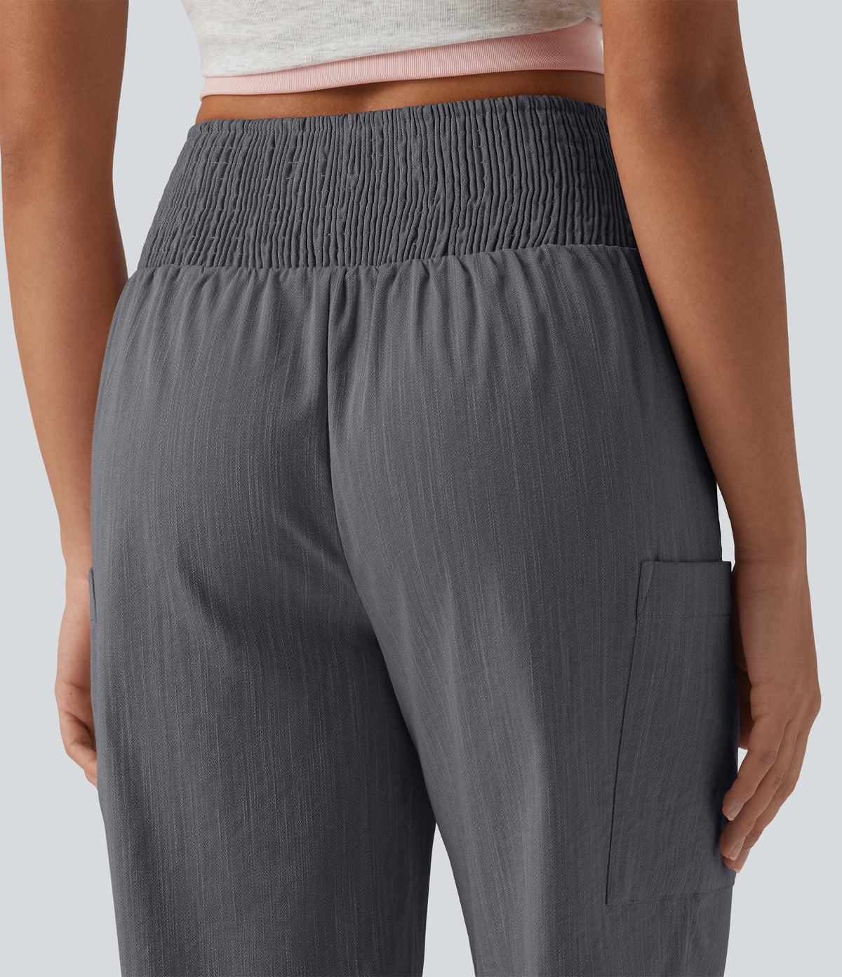 High Waisted Shirred Tapered Casual Linen-Feel Joggers with Pockets — Obsidian Weave — view 5