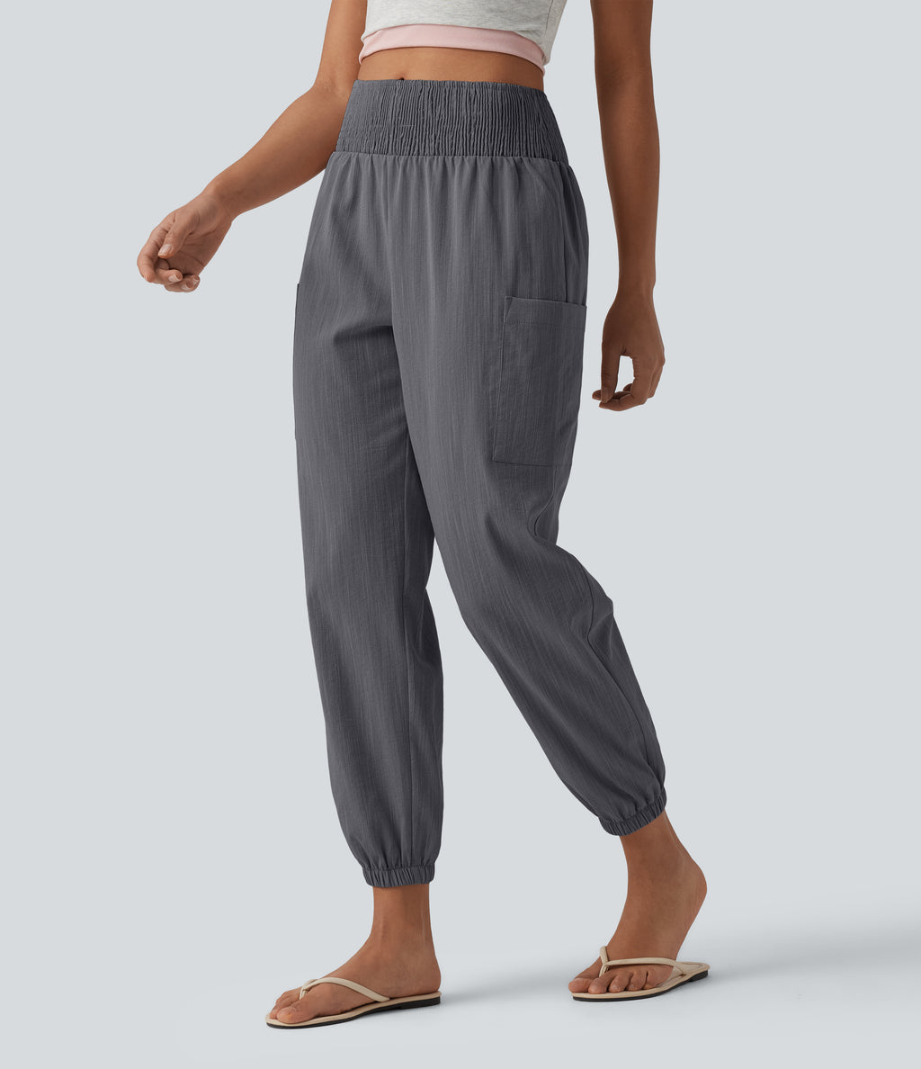 High Waisted Shirred Tapered Casual Linen-Feel Joggers with Pockets — Obsidian Weave — view 4