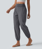 High Waisted Shirred Tapered Casual Linen-Feel Joggers with Pockets — Obsidian Weave — view 4