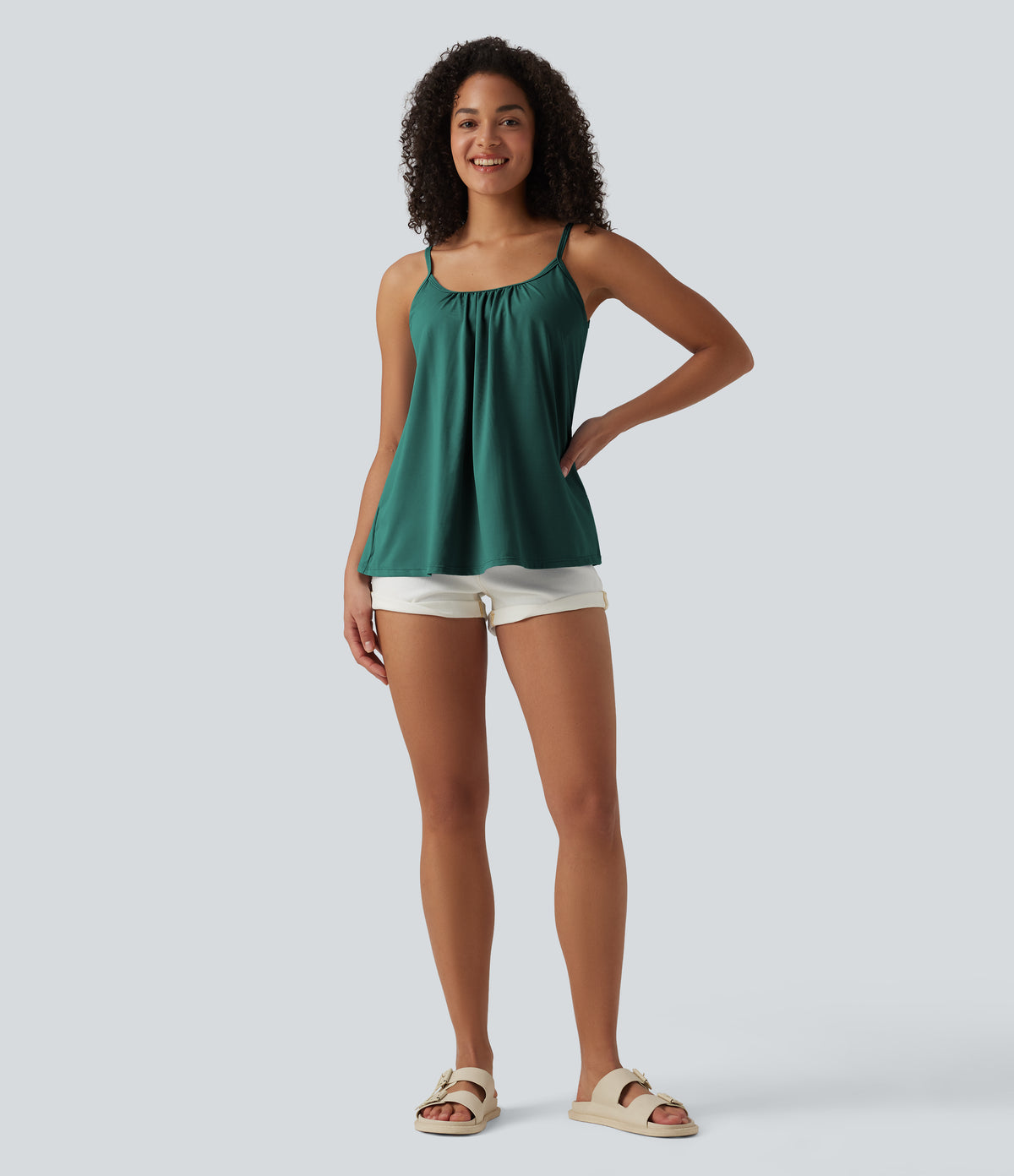 Adjustable Straps Ruched 2-in-1 Built-in Bra Casual Cami Top — June Bug — view 7