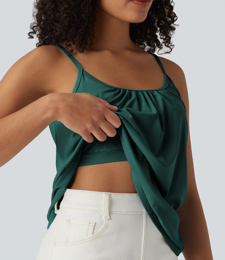 Adjustable Straps Ruched 2-in-1 Built-in Bra Casual Cami Top — June Bug — view 1