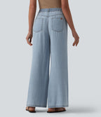 Mid Rise Draped Wide Leg Casual Jeans with Pockets — Baltic Sea Blue Denim — view 2