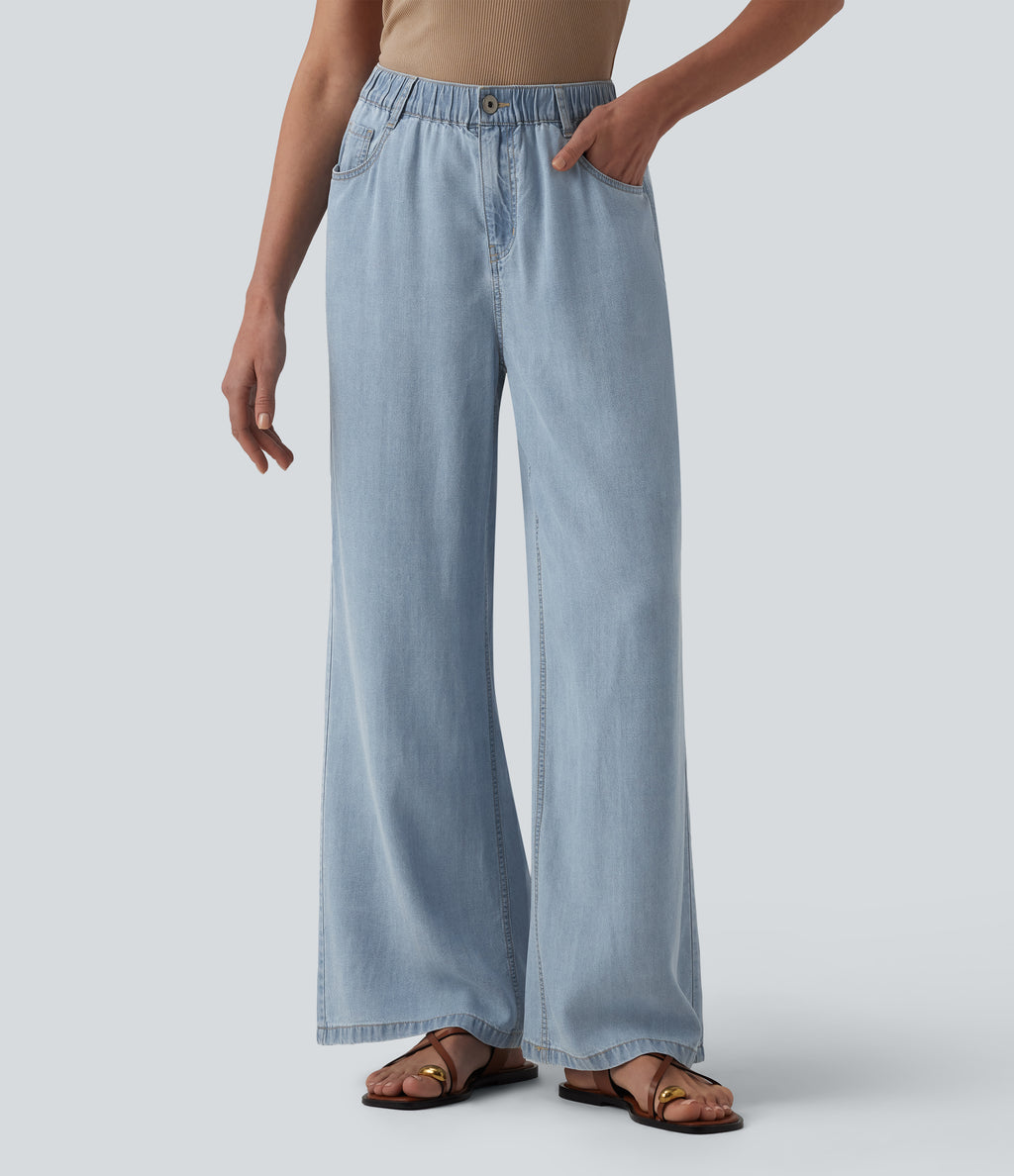 Mid Rise Draped Wide Leg Casual Jeans with Pockets — Baltic Sea Blue Denim — view 1