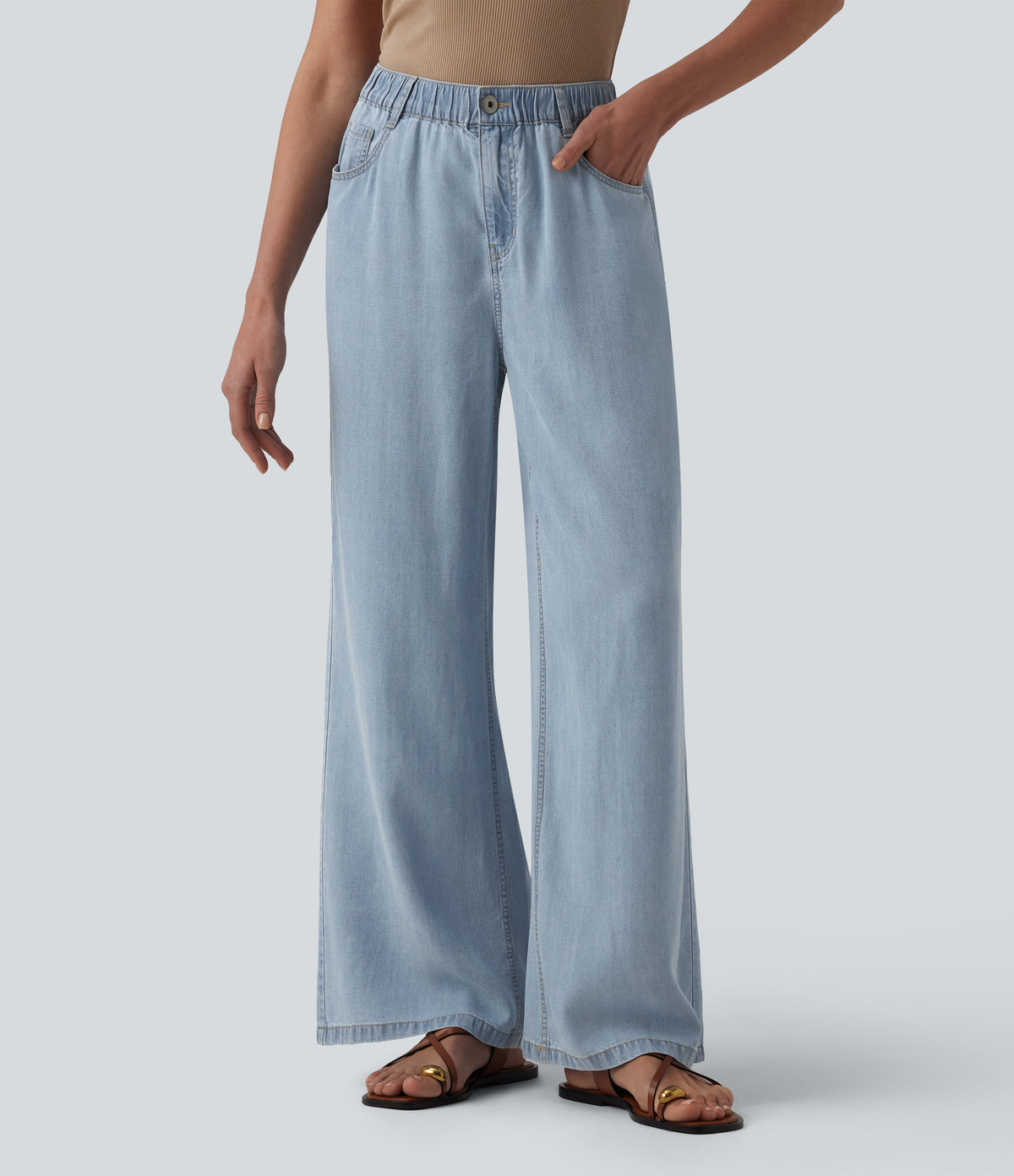 Mid Rise Draped Wide Leg Casual Jeans with Pockets — Baltic Sea Blue Denim — view 1