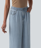 Mid Rise Draped Wide Leg Casual Jeans with Pockets — Baltic Sea Blue Denim — view 4