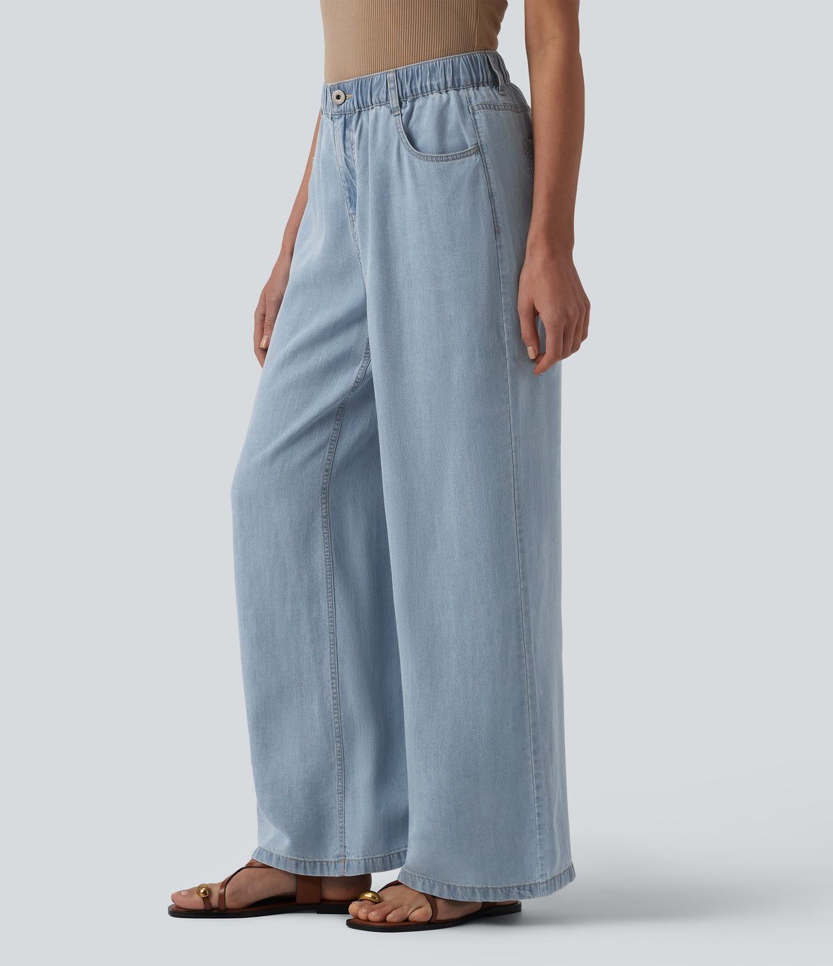 Mid Rise Draped Wide Leg Casual Jeans with Pockets — Baltic Sea Blue Denim — view 3