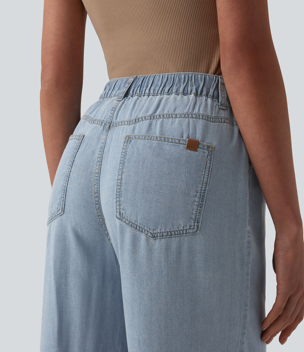 Mid Rise Draped Wide Leg Casual Jeans with Pockets — Baltic Sea Blue Denim — view 5