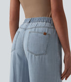 Mid Rise Draped Wide Leg Casual Jeans with Pockets — Baltic Sea Blue Denim — view 5
