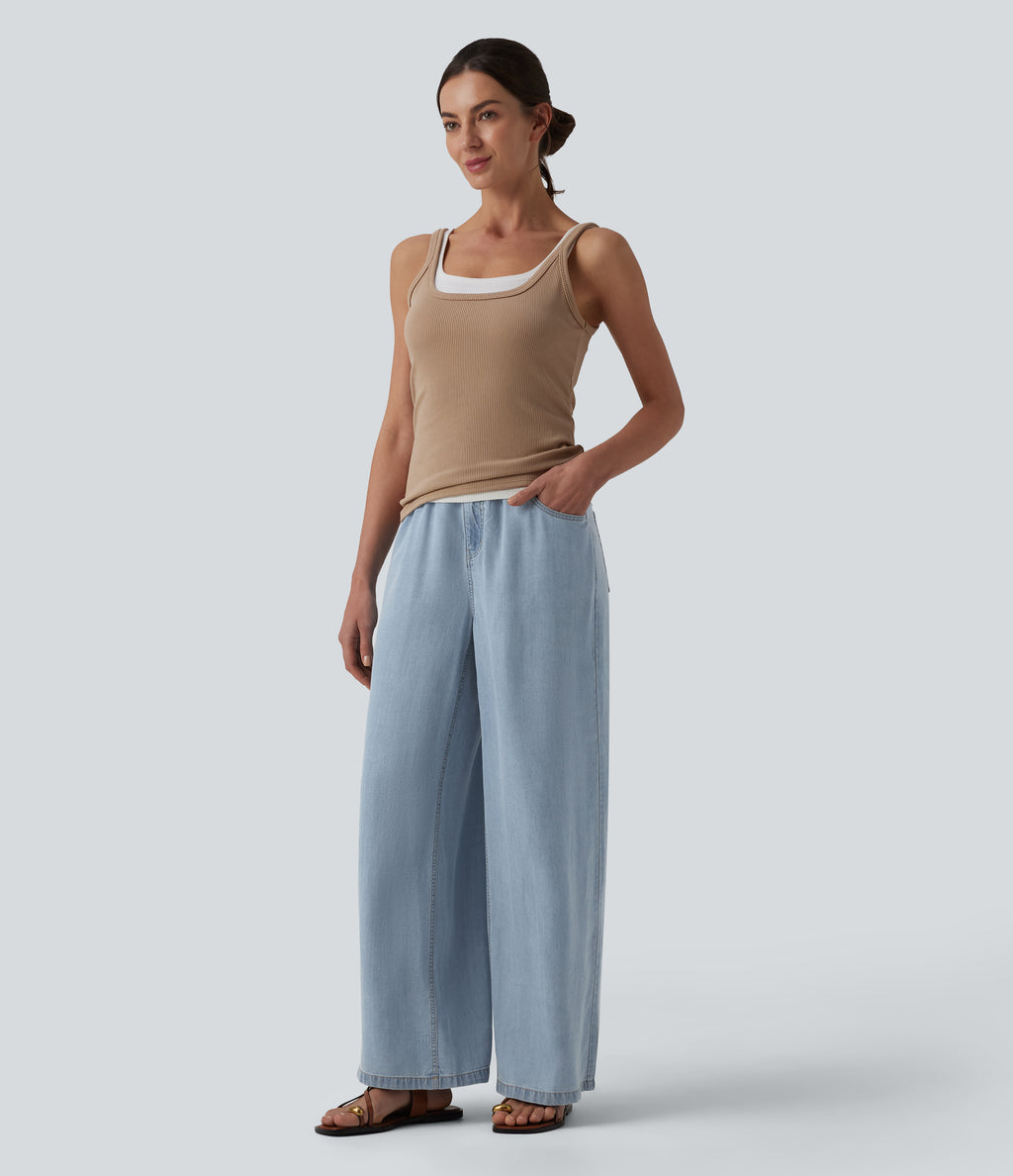 Mid Rise Draped Wide Leg Casual Jeans with Pockets — Baltic Sea Blue Denim — view 6