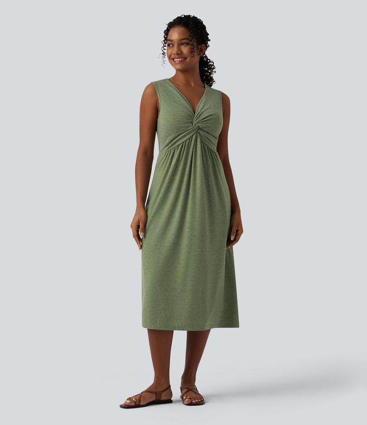 V Neck Sleeveless A-Line Midi Casual Dress with Pockets — Light Green Floral Yarn — view 1