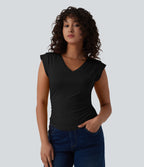 V Neck Cap Sleeve Curved Hem Ruched Casual T-Shirt — Black — view 4