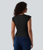 V Neck Cap Sleeve Curved Hem Ruched Casual T-Shirt — Black — view 2