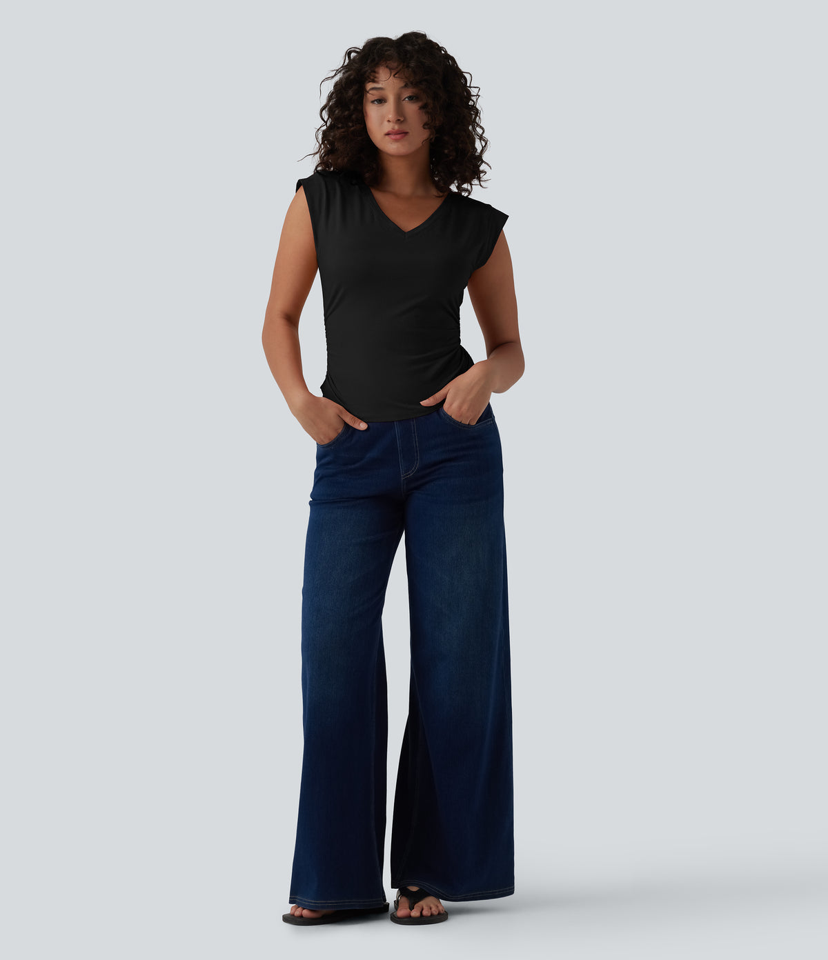 V Neck Cap Sleeve Curved Hem Ruched Casual T-Shirt — Black — view 6