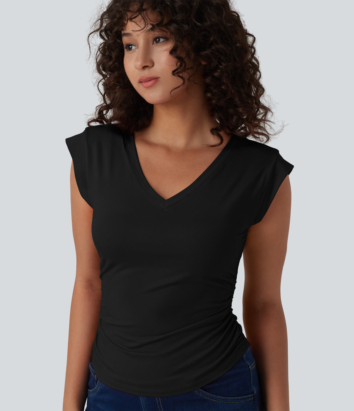 V Neck Cap Sleeve Curved Hem Ruched Casual T-Shirt — Black — view 1