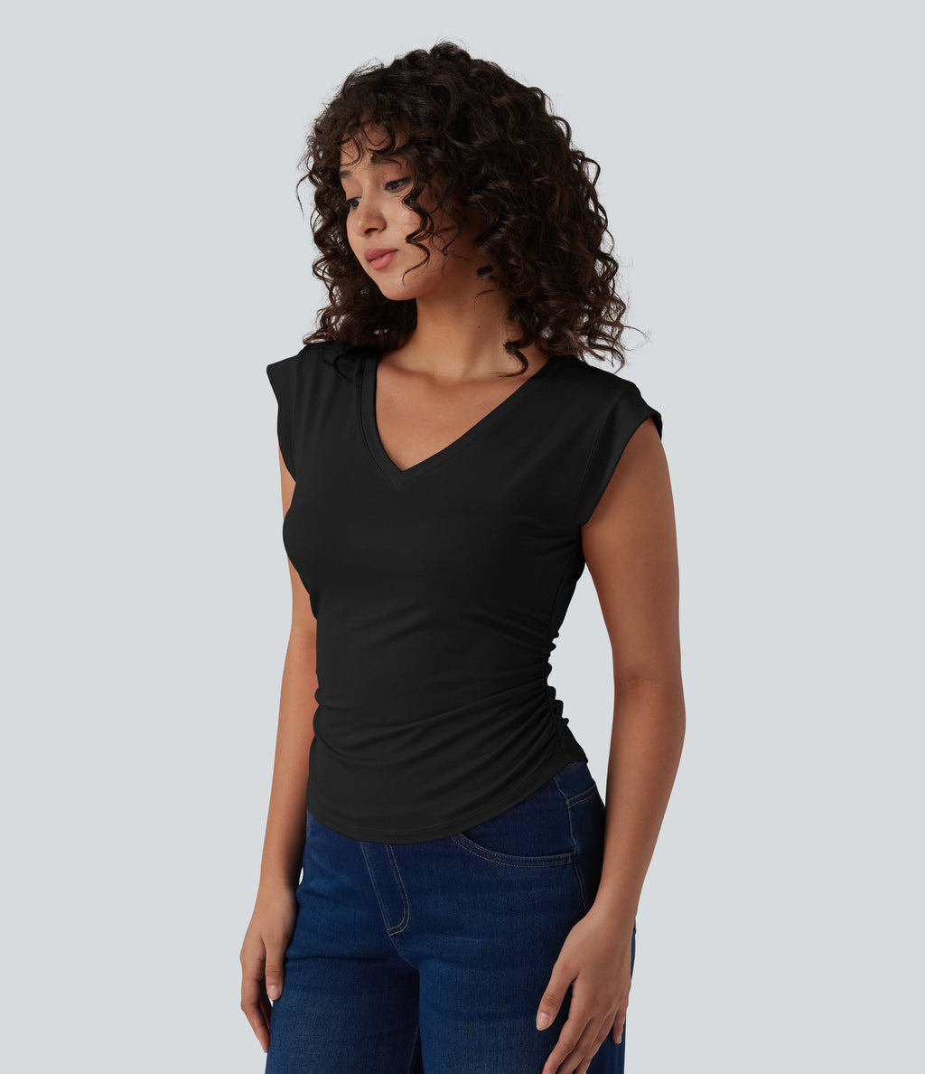 V Neck Cap Sleeve Curved Hem Ruched Casual T-Shirt — Black — view 3