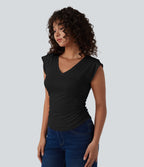 V Neck Cap Sleeve Curved Hem Ruched Casual T-Shirt — Black — view 3