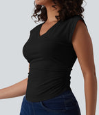 V Neck Cap Sleeve Curved Hem Ruched Casual T-Shirt — Black — view 5