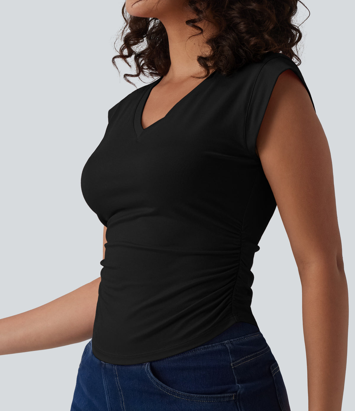 V Neck Cap Sleeve Curved Hem Ruched Casual T-Shirt — Black — view 5