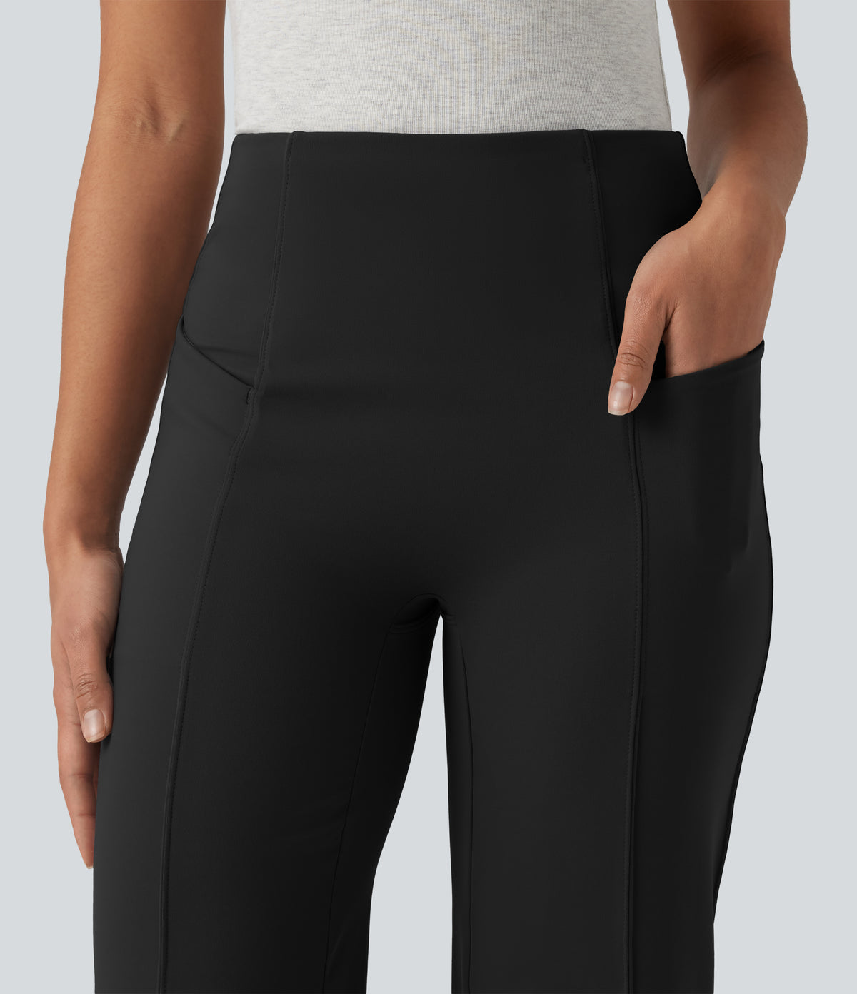 High Waisted Tummy Control Casual Bootcut Trousers with Pockets — Black — view 4