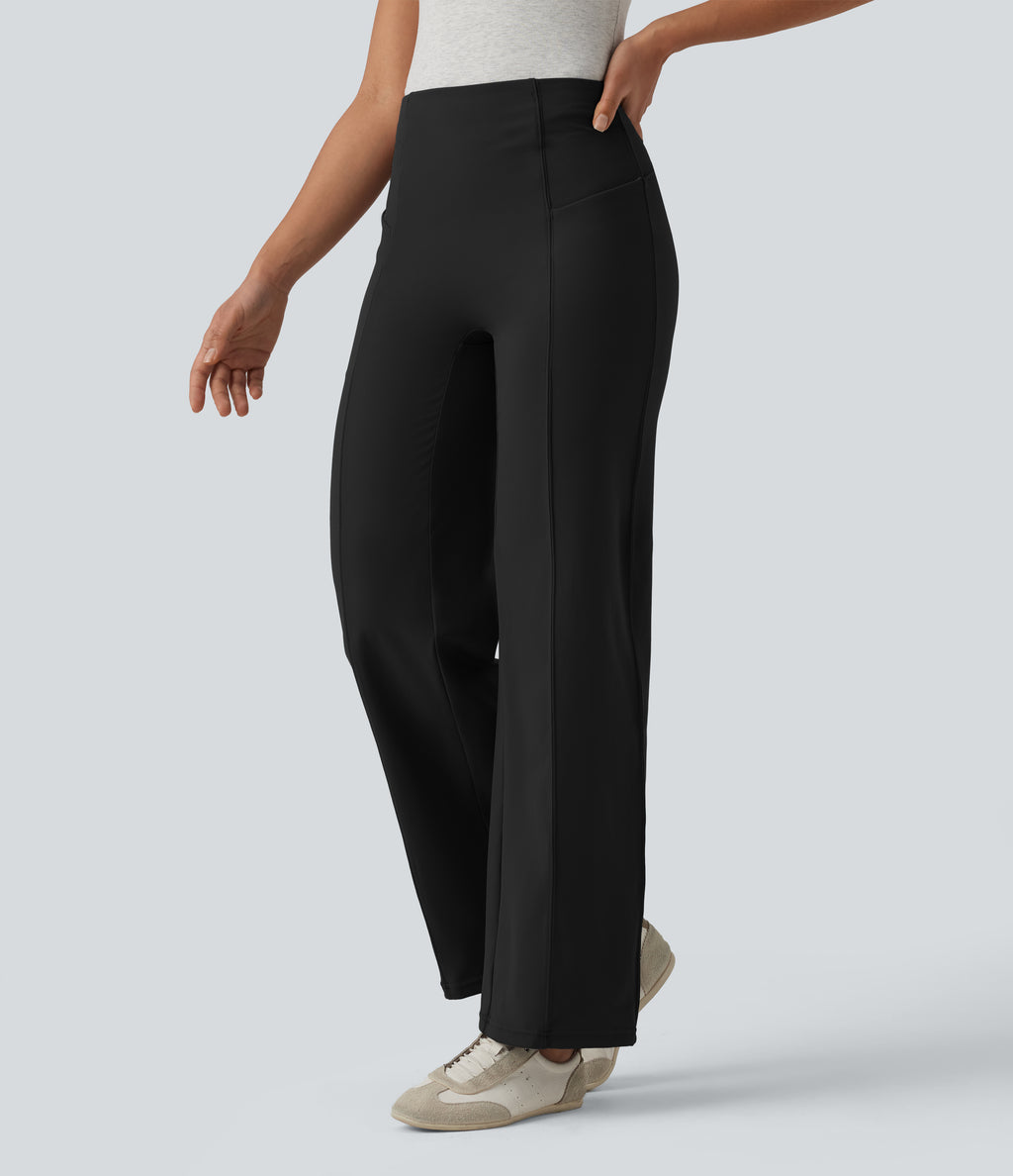 High Waisted Tummy Control Casual Bootcut Trousers with Pockets — Black — view 3