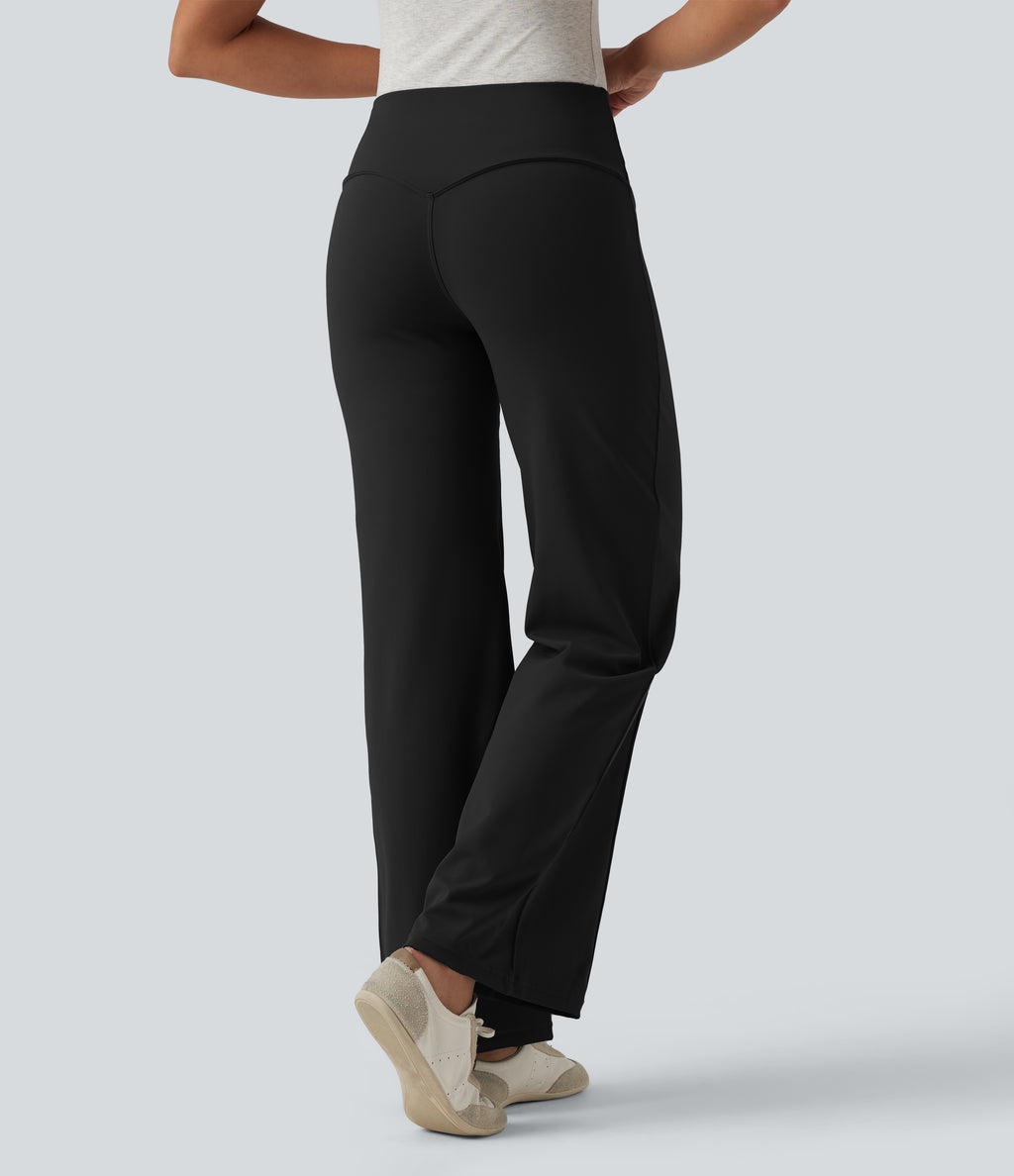 High Waisted Tummy Control Casual Bootcut Trousers with Pockets — Black — view 2