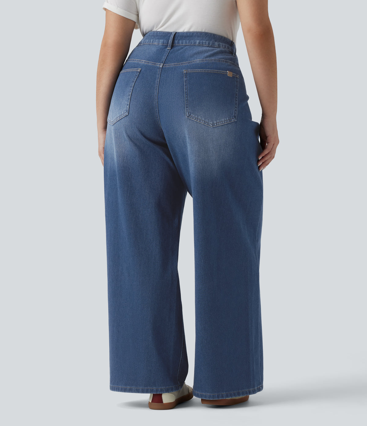 Asymmetric High Waisted Washed Casual Baggy Plus Size Jeans with Pockets — Tide Blue Denim — view 2