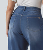Asymmetric High Waisted Washed Casual Baggy Plus Size Jeans with Pockets — Tide Blue Denim — view 5