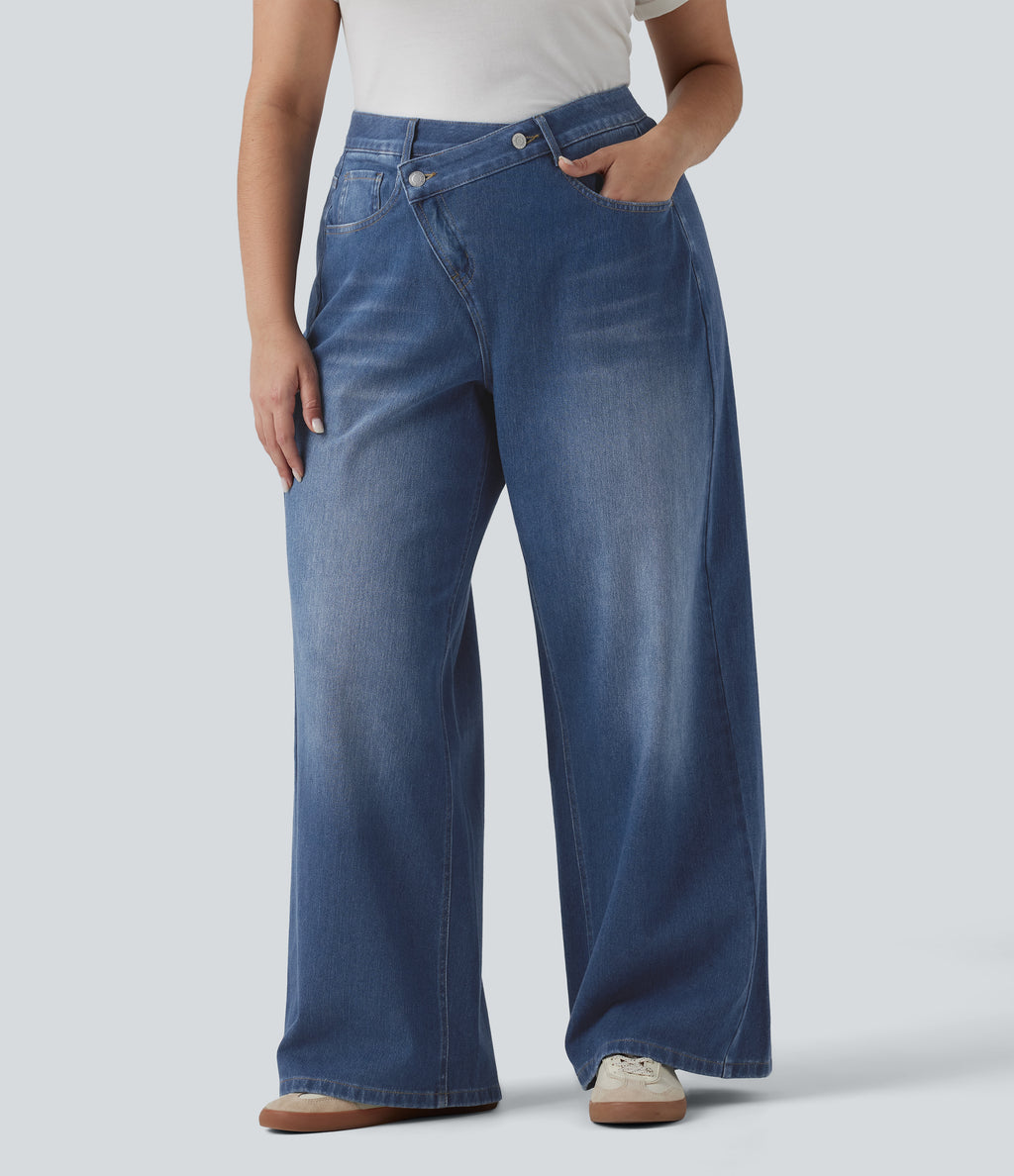 Asymmetric High Waisted Washed Casual Baggy Plus Size Jeans with Pockets — Tide Blue Denim — view 1