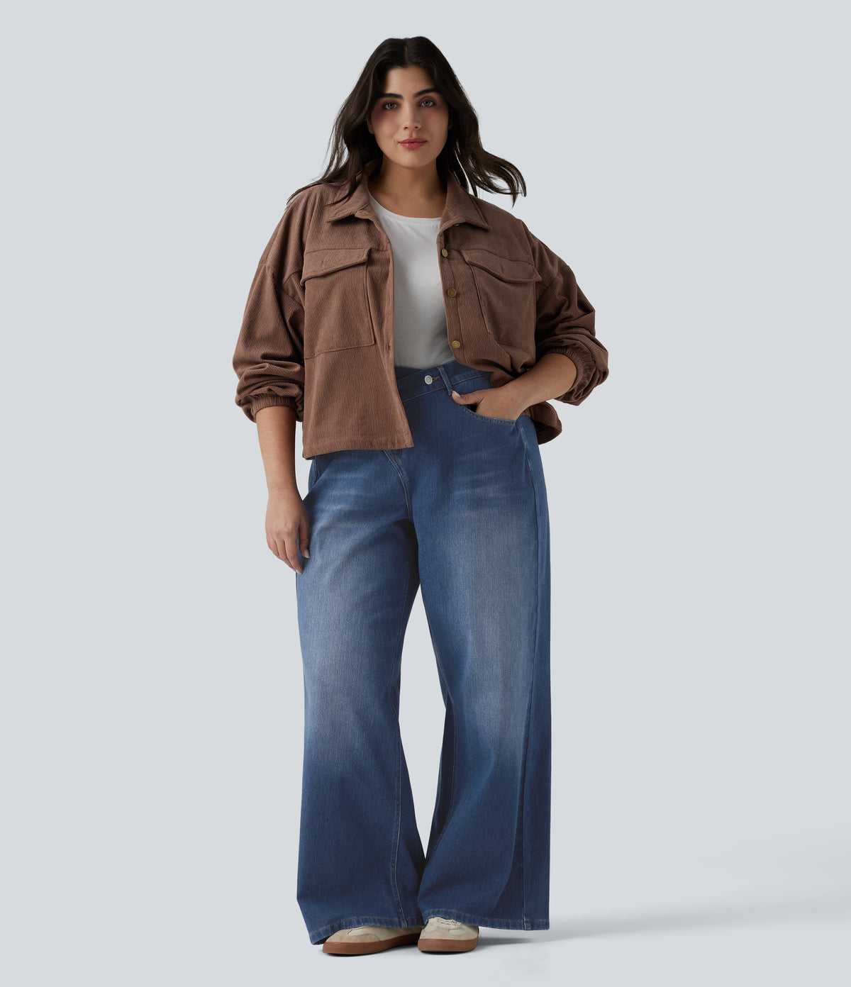 Asymmetric High Waisted Washed Casual Baggy Plus Size Jeans with Pockets — Tide Blue Denim — view 6