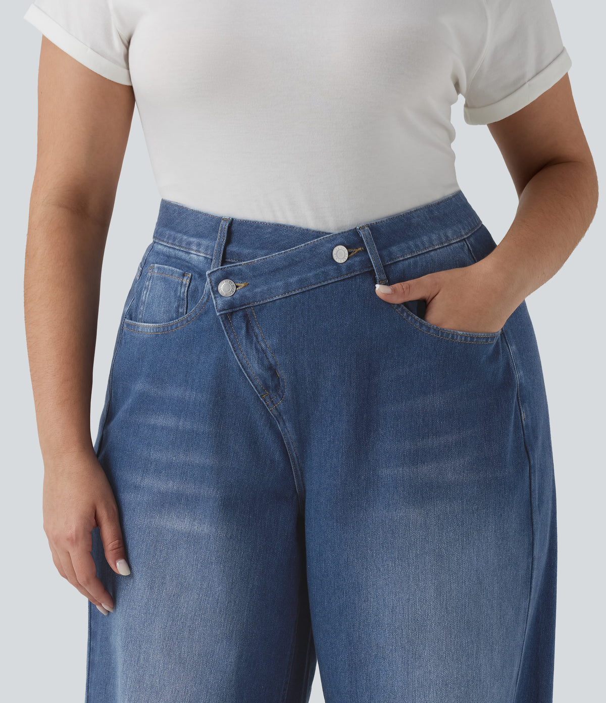 Asymmetric High Waisted Washed Casual Baggy Plus Size Jeans with Pockets — Tide Blue Denim — view 4