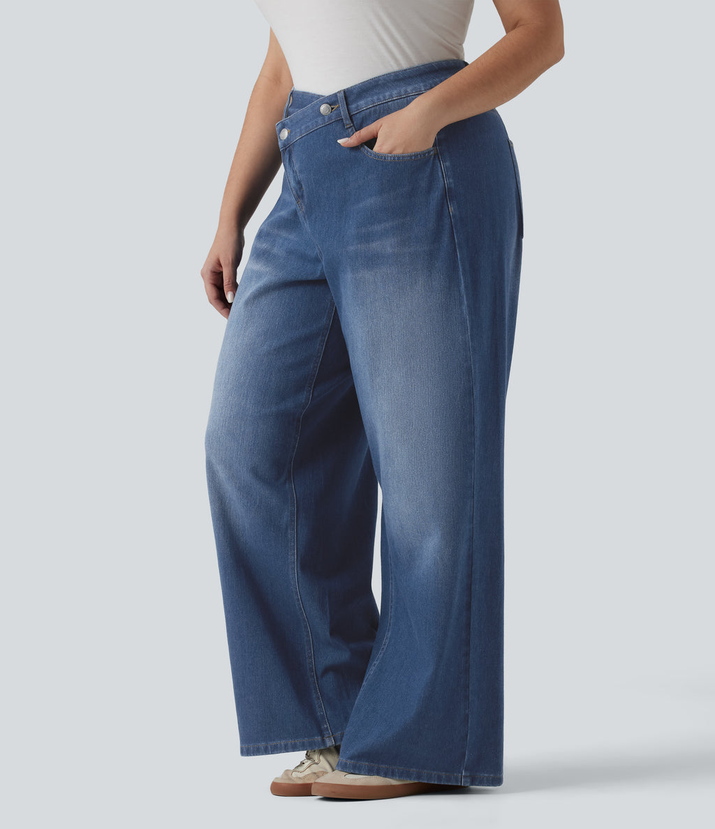 Asymmetric High Waisted Washed Casual Baggy Plus Size Jeans with Pockets — Tide Blue Denim — view 3