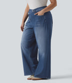 Asymmetric High Waisted Washed Casual Baggy Plus Size Jeans with Pockets — Tide Blue Denim — view 3