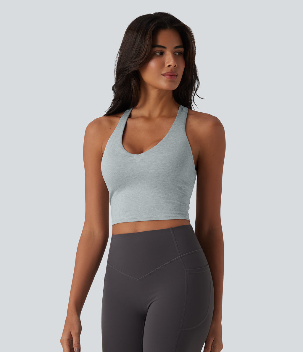Racerback Cropped Yoga Sports Top — Fogvale Heather — view 3
