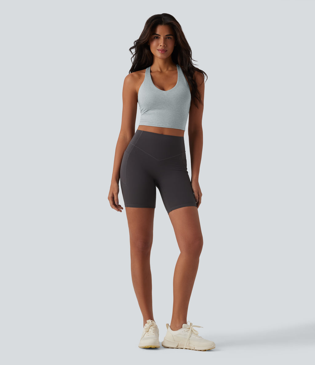 Racerback Cropped Yoga Sports Top — Fogvale Heather — view 6