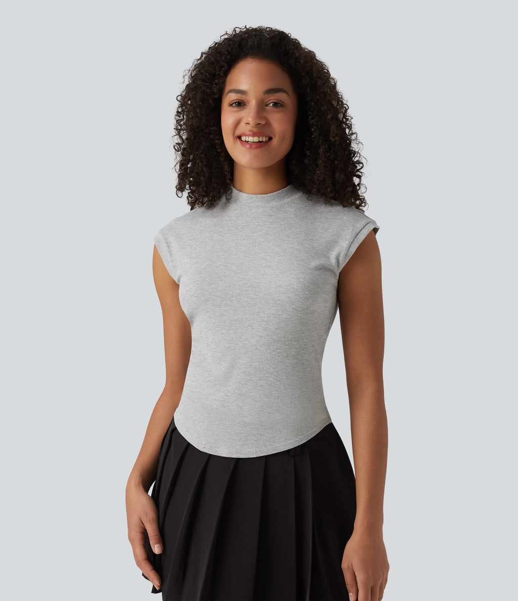 Ribbed Knit Stand Collar Casual Tank Top — Fog Gray — view 4