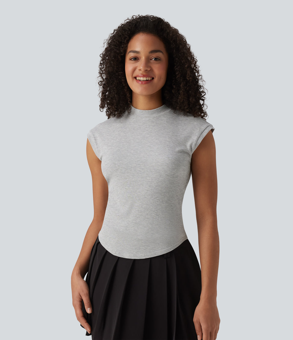 Ribbed Knit Stand Collar Casual Tank Top — Fog Gray — view 4