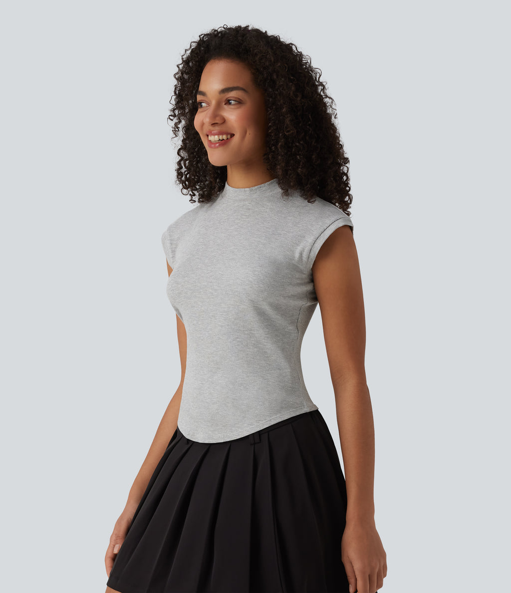 Ribbed Knit Stand Collar Casual Tank Top — Fog Gray — view 3