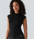 Ribbed Knit Stand Collar Casual Tank Top — Black — view 6